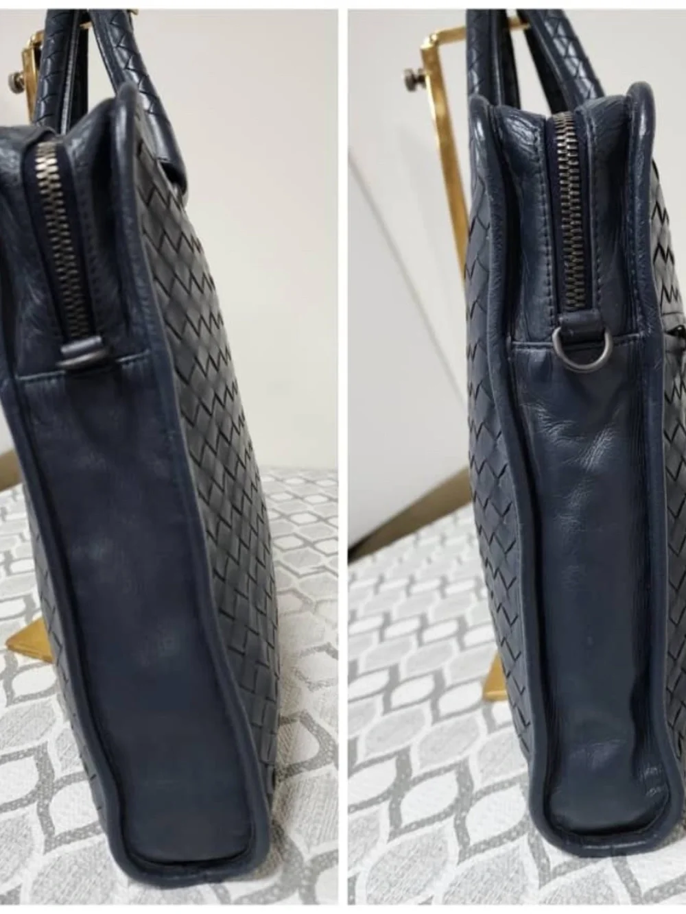 Authentic Bottega Veneta Intrecciato Top Zip Briefcase Navy Blue